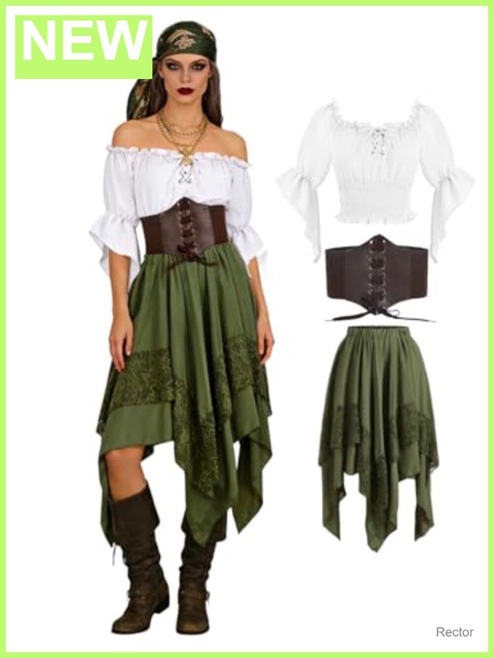 Women Pirate Costume 3-Piece Peasant Top Corset Skirt Halloween Renaissance